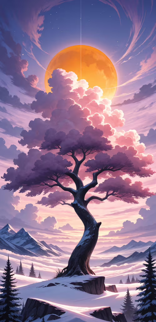 Canlı mor ve pembe tonlarında bir gün batımı gökyüzünde, karla kaplı bir uçurumun...