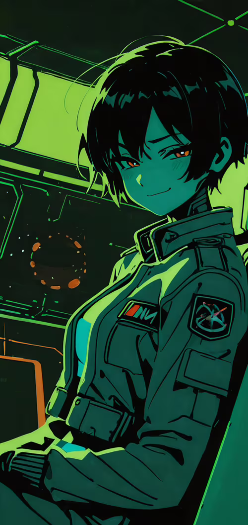 Kısa, koyu saçlı, karanlık, yeşil ışıklandırılmış fütüristik bir odada alaycı bir... Oppo A12e