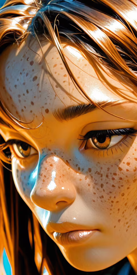 Geniş, ela gözlü, belirgin çilleri ve ıslak kahverengi saçları olan genç bir kadının... Alcatel 1x