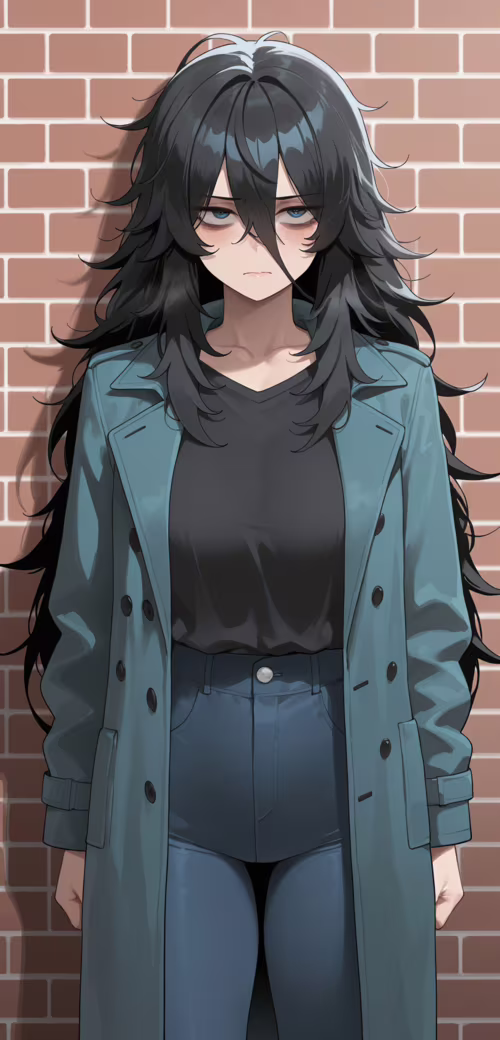 Uzun, dağınık siyah saçları ve yorgun mavi gözleri olan, anime tarzında bir kız,...