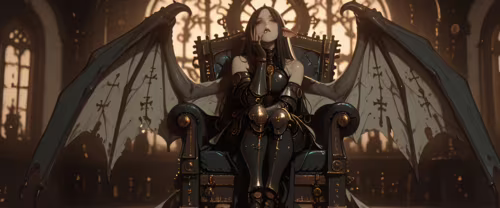 Beyaz saçlı, büyük, koyu renkli ejderha kanatlarına sahip bir elf, süslü bir sandalyede... Masaüstü