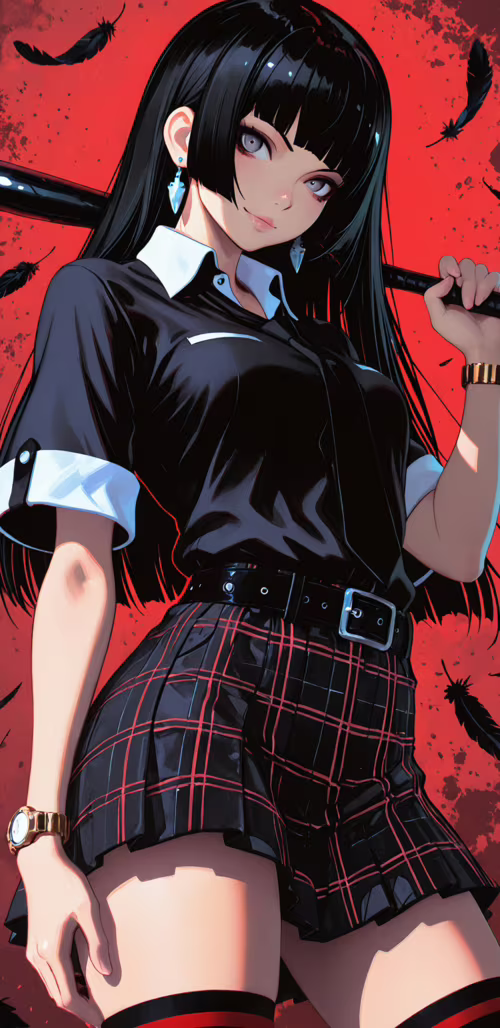 Uzun siyah saçlı ve gri gözlü, omuzunda bir beyzbol sopası taşıyan, şık bir anime... Google Pixel 3a