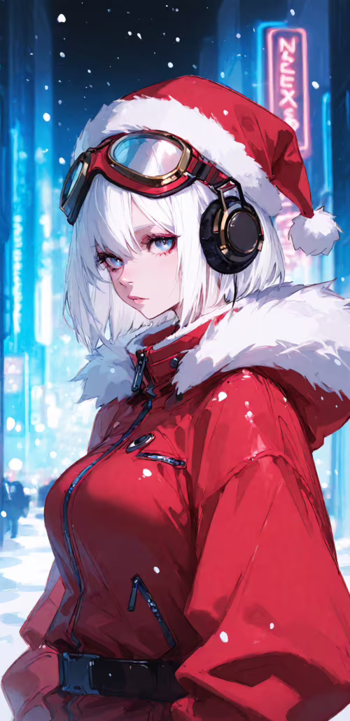 Kısa beyaz saçlı ve kırmızı gözlü, üzerinde kırmızı bir Noel Baba şapkası, gözlük,... Google Pixel 3a