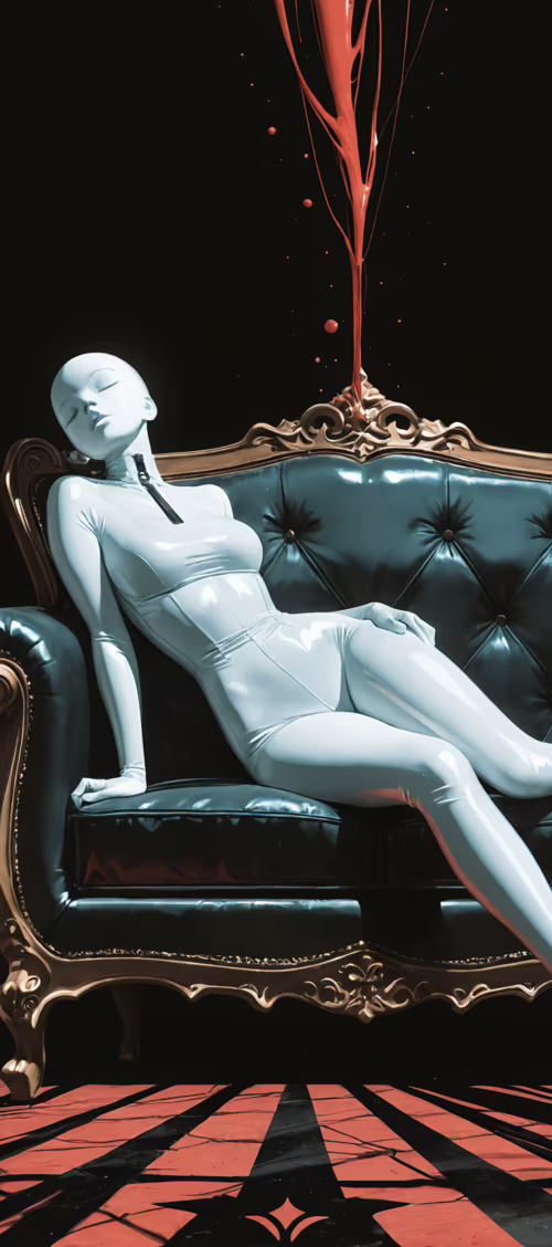 Dramatik, siyah ve sivri uçlu bir başlıkla ve parlak beyaz lateks bir tulumla giyinmiş... TCL 10 SE