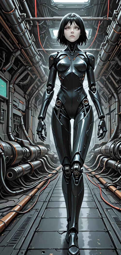 BLAME! mangasındaki siborg karakter Sanakan'ın, borular ve kablolarla dolu, karanlık,...