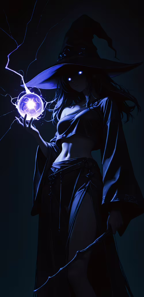 Uzun, koyu saçları ve büyük, sivri uçlu bir şapkası olan, anime tarzında bir cadı... Google Pixel 3a