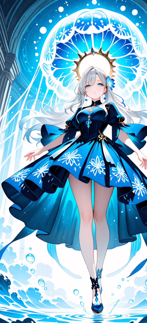 Uzun gümüş saçlı ve koyu mavi bir elbise giymiş anime tarzı bir kız, su yüzeyinde...