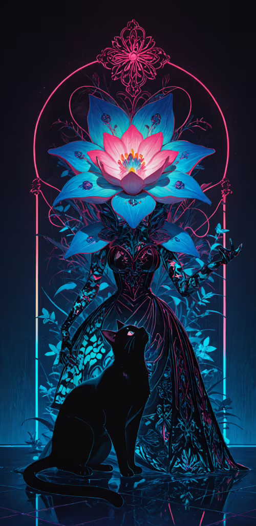 Desenli, neon renkli bir zeminin üzerinde, büyük bir vazonun önünde siyah bir kedi... Honor Magic 3 Pro plus