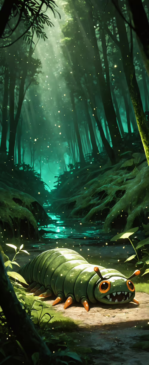 Kahverengi saçlı, anime tarzında bir kız çocuğu, büyük, yeşil bir tırtıl kostümü... Tecno Phantom V Flip2