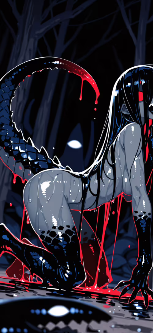 Kızıl gözleri parlayan ve keskin dişlere sahip, ürkütücü bir canavar kız, koyu kırmızı...