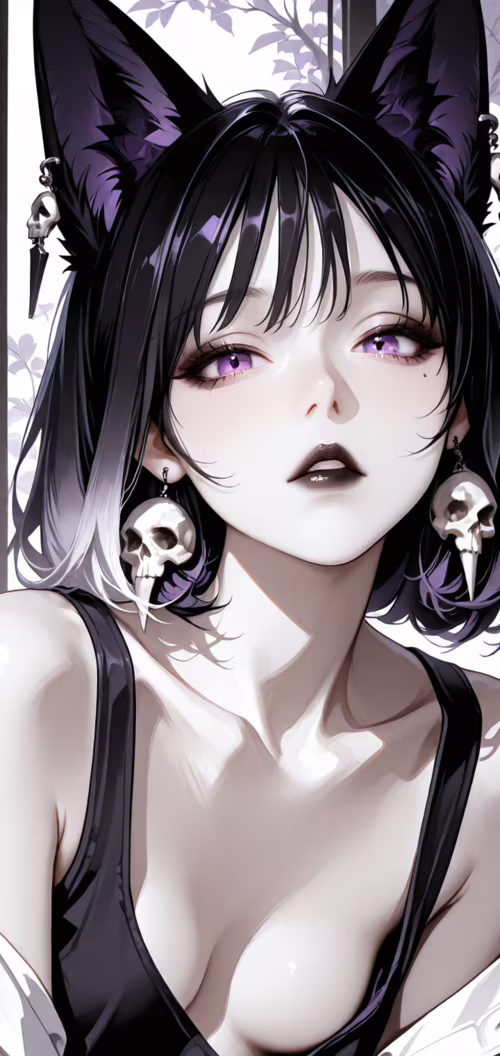 Siyah tilki kulakları, mor gözleri ve siyah rujlu bir kızın anime tarzında çizilmiş... Nokia 3 dot 2