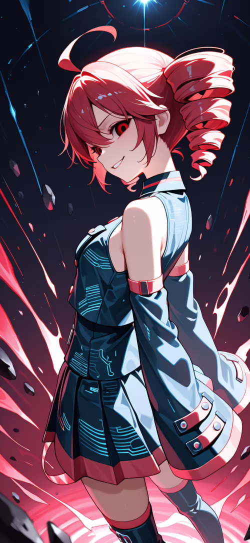 Kasane Teto'nun kırmızı, örgülü saçları ve muzip bir gülümsemesi olan, fütüristik...