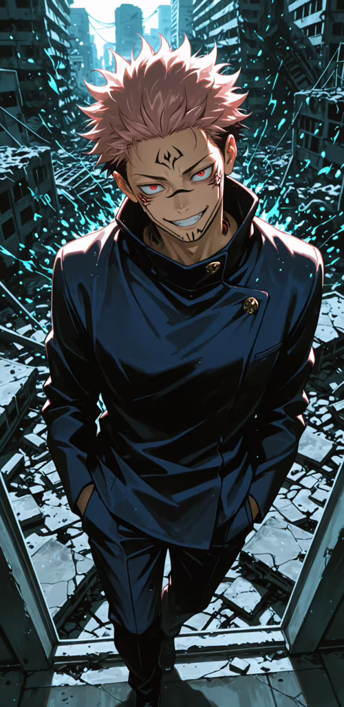 Jujutsu Kaisen'den Ryomen Sukuna, yıkık bir şehrin içinde, yüksek bir açıdan çekilmiş... Honor Magic 3 Pro plus