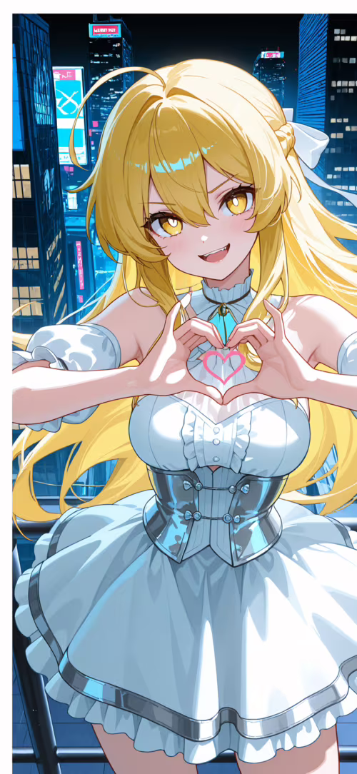 Uzun sarı saçları ve beyaz elbisesi olan anime karakteri Shokuhou Misaki, bir şehir... Apple iPhone 16