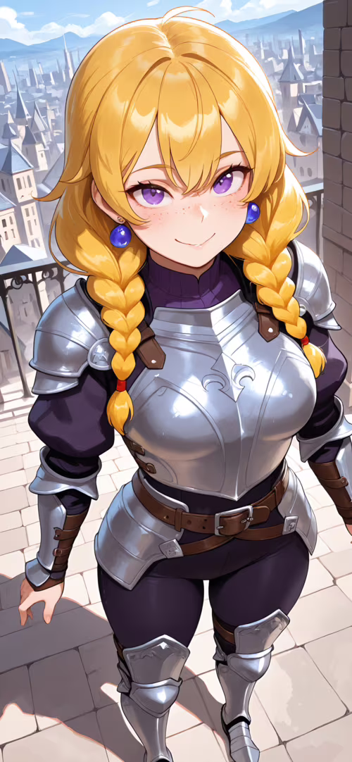 Orta çağ şehrindeki taş bir köprü üzerinde duran, sarı saçlarını örgü yapmış, mor... Honor 8X