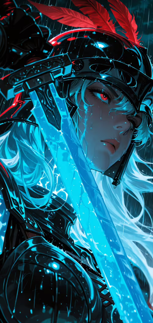 Uzun beyaz saçlı ve parıldayan kırmızı gözlü, anime tarzında çizilmiş bir kadın savaşçının...