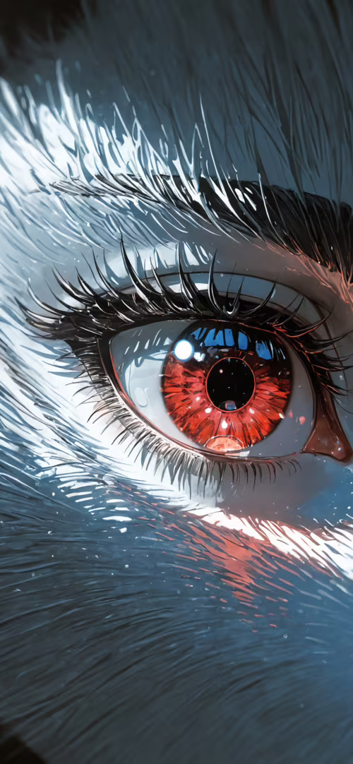 Stilize edilmiş, beyaz ve gri renklerde, parlak turuncu gözleri ve yoğun bir ifadeye... Honor 8X