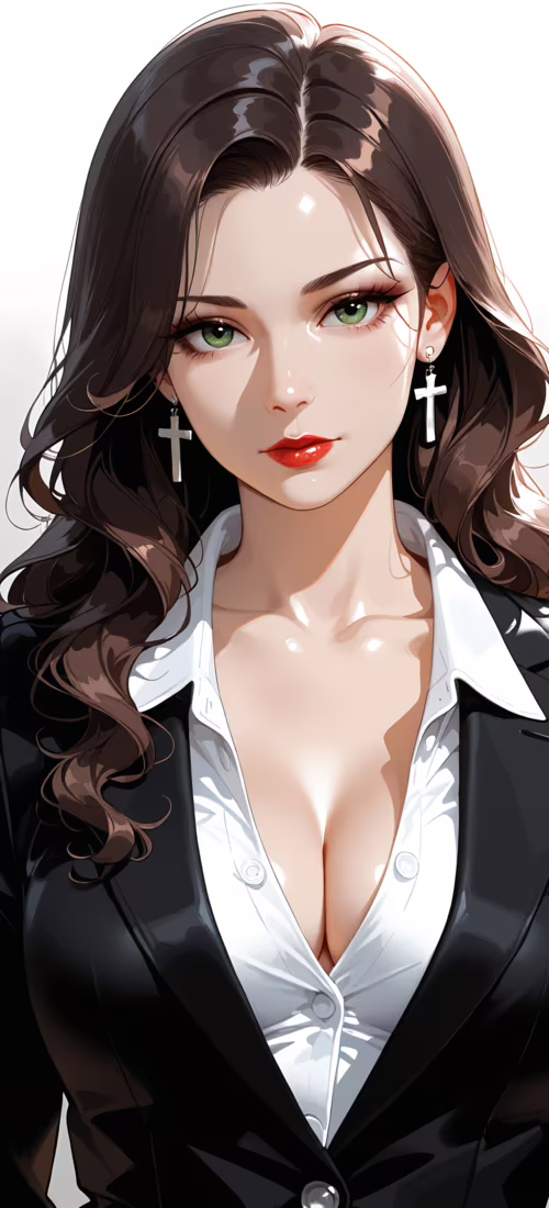 Uzun kahverengi saçları, yeşil gözleri ve kırmızı rujlu, açık yakalı beyaz bir gömlek...