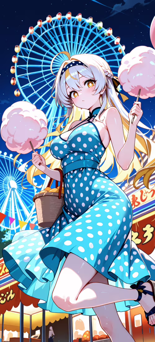 Uzun sarı saçlı, sarı zemin üzerine beyaz benekli bir elbise giymiş anime tarzı bir... Huawei Nova 8i