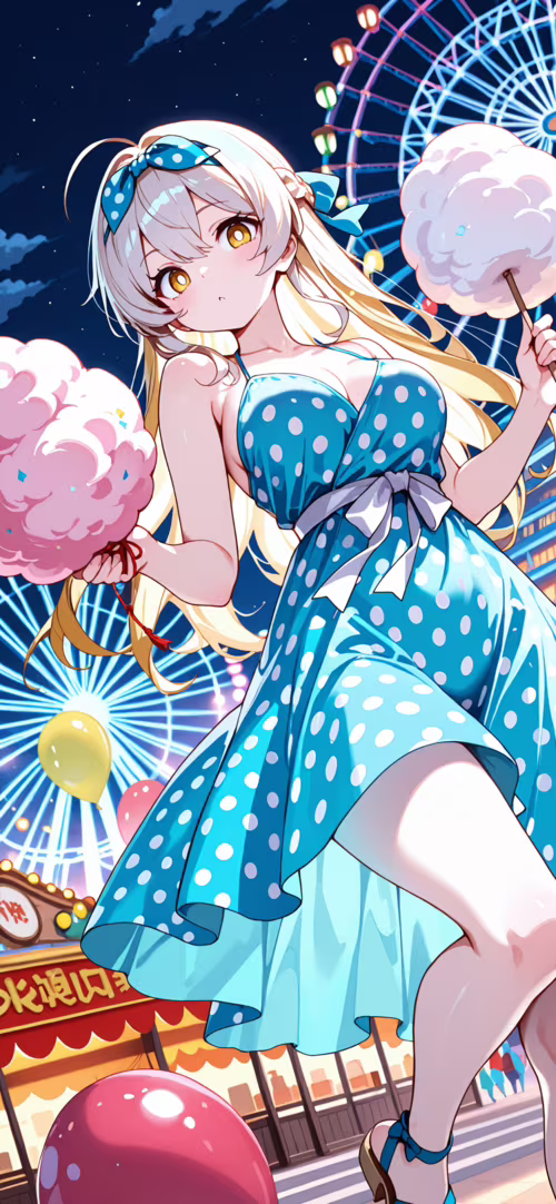 Uzun sarı saçlı, sarı zemin üzerine beyaz benekli bir elbise giymiş anime tarzı bir... Huawei Nova 8 Pro