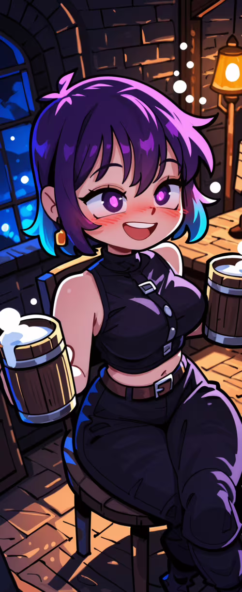 Kısa, mor ve mavi saçlı, rahat ve mum ışıklı bir meyhanede gece vakti elinde büyük... Samsung Galaxy Z Flip