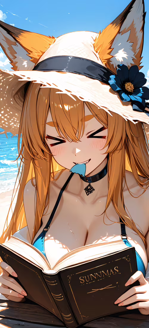 Siyah saçlı ve hasır şapkalı anime tarzı bir kız tilki, gözlerini kapatarak gülümsüyor... Huawei Nova 8i