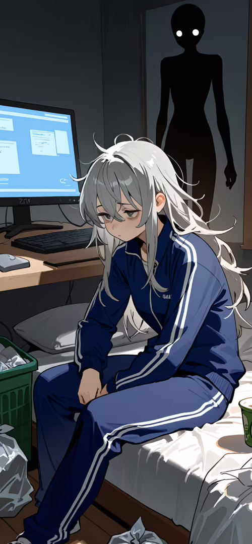 Uzun, dağınık gümüş saçlı ve yorgun gözlü bir kızın, mavi bir eşofman giymiş anime... Honor 8X