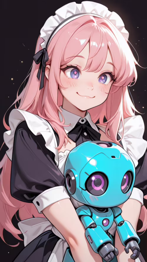 Uzun pembe saçları ve mor gözleri olan, gülümseyen bir anime hizmetçi kızın, karanlık... Apple iPhone SE