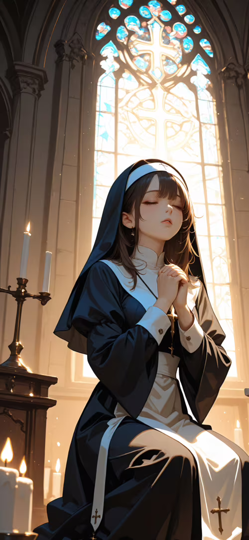 Koyu sarı saçlı genç bir rahibenin, görkemli bir kilisenin içinde diz çökmüş halde...