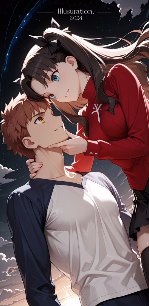 Fate/stay night animesinden, Tohsaka Rin ve Emiya Shirou'nun romantik bir an paylaştığı... Google Pixel 3a