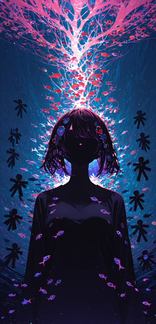 Koyu saçlı ve parlak sarı gözlü, anime tarzında bir kız karanlık bir odada duruyor.... Nokia 8 dot 1