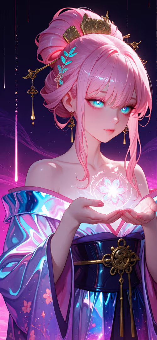 Karmaşık bir şekilde yukarı toplanmış pembe saçları olan, mavi ve mor renkli bir...