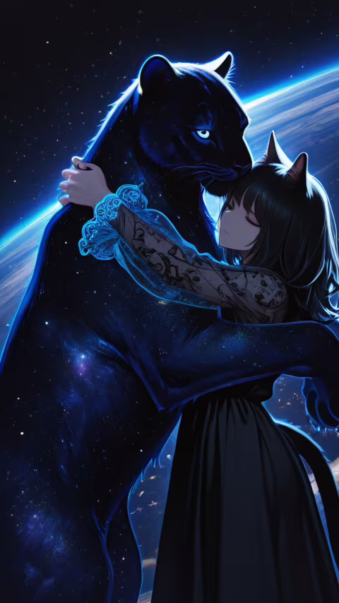 Kısa siyah saçlı, şeffaf kollu uzun siyah bir elbise giymiş, anime tarzında bir kedi... LG K4