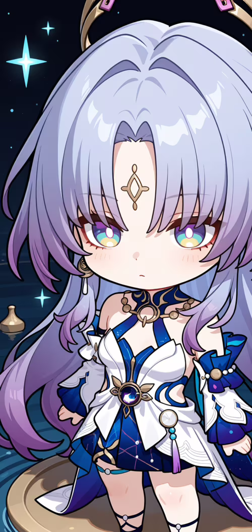 Honkai: Star Rail oyunundaki Fu Xuan karakterinin sevimli bir chibi çizimi. Uzun...