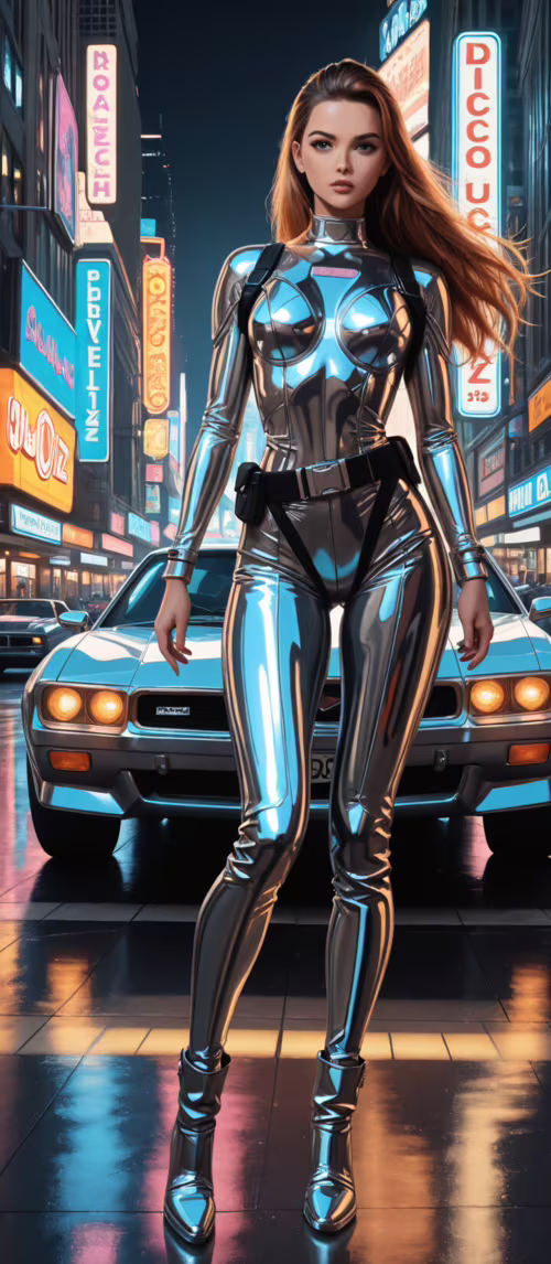 Gelecek temalı, siyah ve krom renkli bir savaş kıyafeti giymiş bir kadın, gece vakti... Poco C40