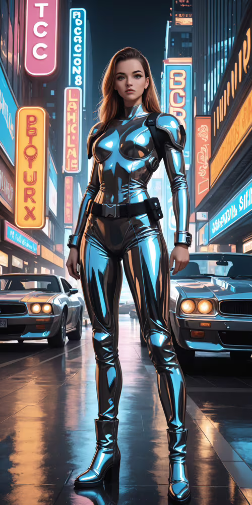 Gelecek temalı, siyah ve krom renkli bir savaş kıyafeti giymiş bir kadın, gece vakti...