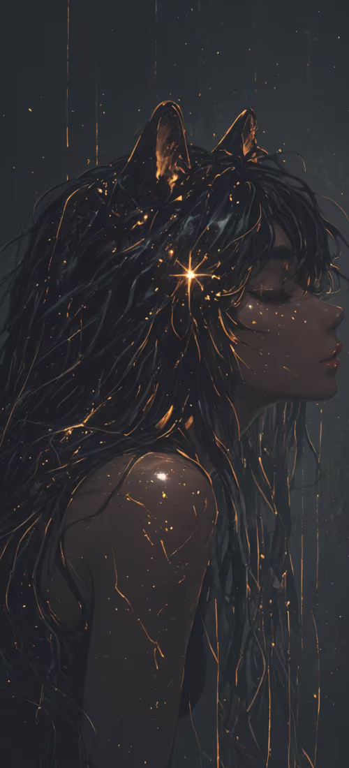 Uzun siyah saçları ve siyah kedi kulakları olan, huzurlu bir ifadeye sahip genç bir... Huawei Nova 8i