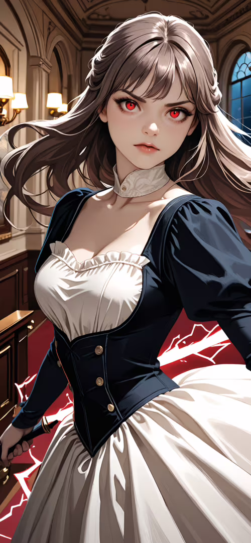 Uzun kahverengi saçları ve delici kırmızı gözleri olan, siyah-beyaz Viktorya dönemi... Huawei P40