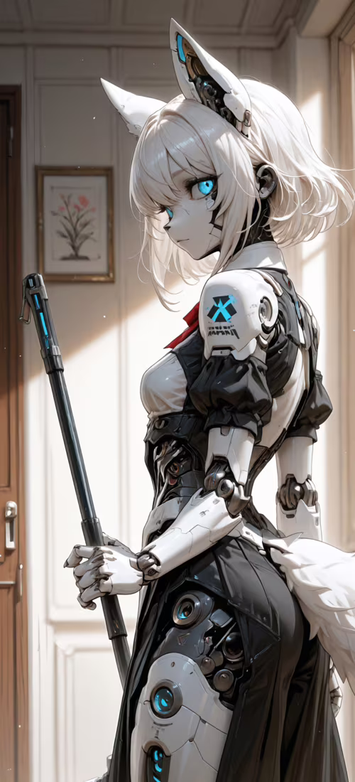 Beyaz saçlı, parıldayan mavi gözlü ve kedi kulaklarına sahip, hizmetçi kıyafeti giymiş,...