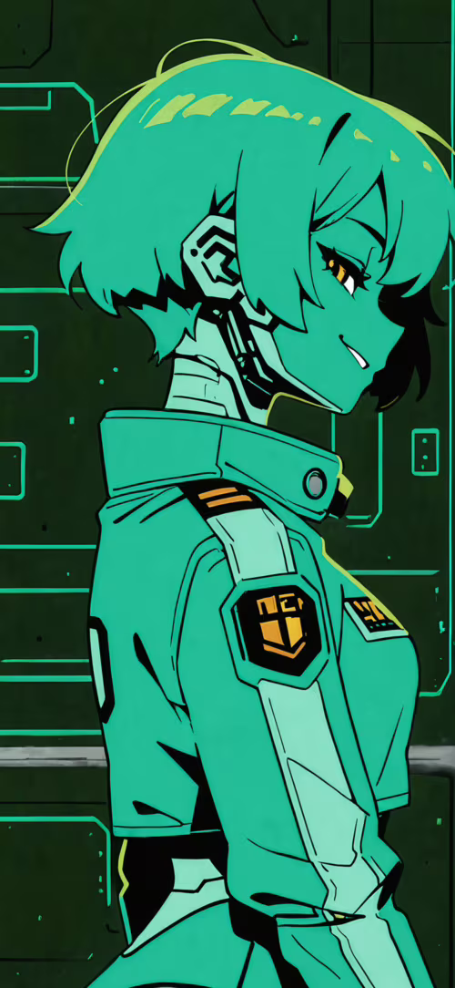 Kısa, koyu saçlı, karanlık, yeşil ışıklandırılmış fütüristik bir odada alaycı bir... Apple iPhone XS