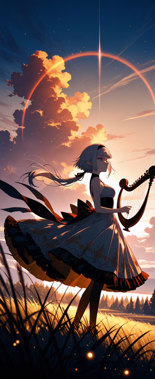 Güneşin doğduğu bir sırada, otlarla kaplı bir tarlada, gümüş saçlı, anime tarzında... Tecno Phantom V Flip2