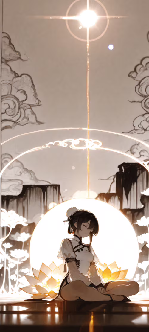 Beyaz saçları iki yandan topuz şeklinde yapılmış bir anime kız, lotus pozisyonunda... Oppo A74