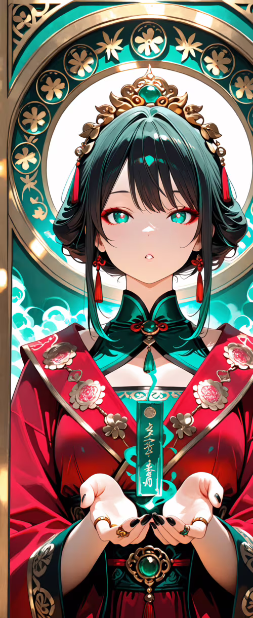 Kırmızı ve yeşil renklerde geleneksel Çin kıyafetleri giymiş, elinde parlayan paralar... Samsung Galaxy Z Flip