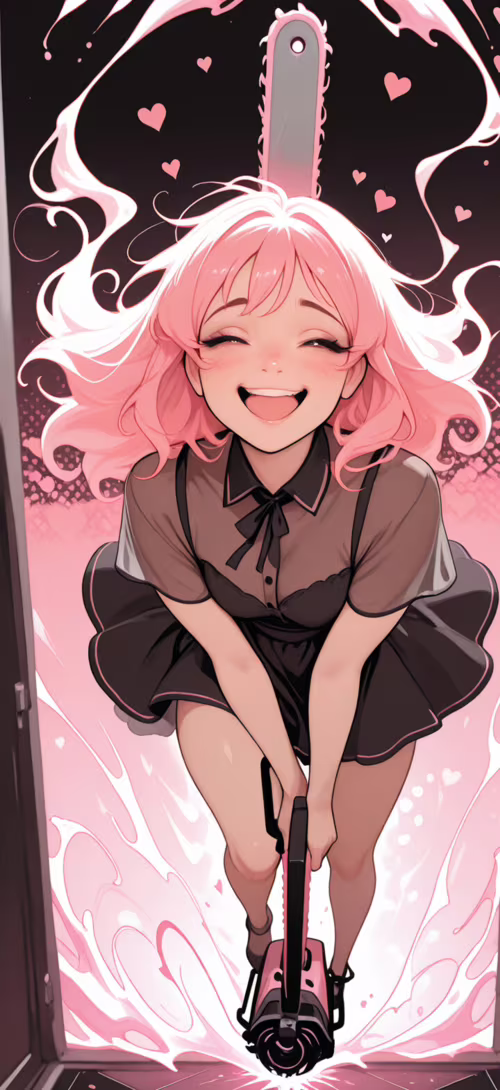 Pembe saçlı, hizmetçi kıyafeti giymiş bir anime karakteri, elinde pembe bir motorlu... Cubot Max 2