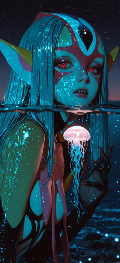 Mavi Submarine No. 6 adlı animedeki Mutio karakterinin gece okyanusta durduğu bir... Honor Magic6 Pro