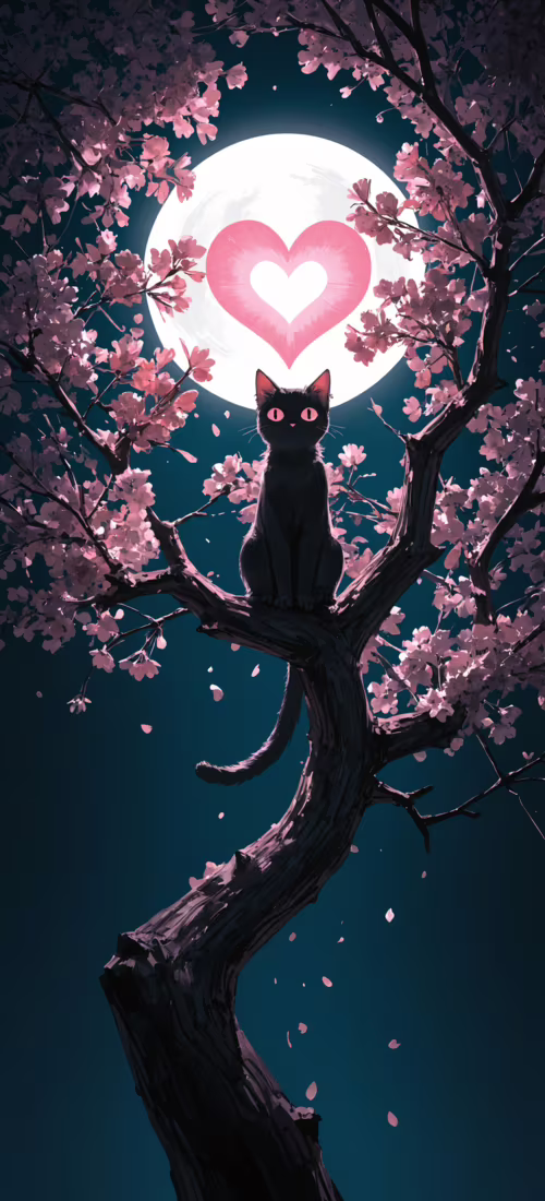 Büyük, pembe gözleri ve göğsünde parıldayan pembe bir kalp bulunan siyah bir kedi,...