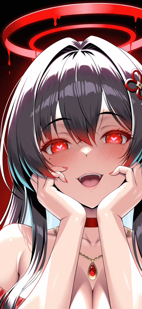 Uzun siyah saçları ve kırmızı bir hale olan, Blue Archive'den Shiromi Iori olarak... Cubot X20