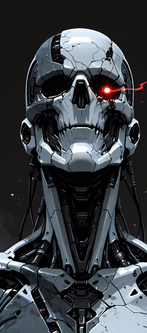 Karanlık bir arka plan üzerinde, parlayan kırmızı gözleri ve hasar görmüş, iç mekanizmalarını... Infinix Zero 40