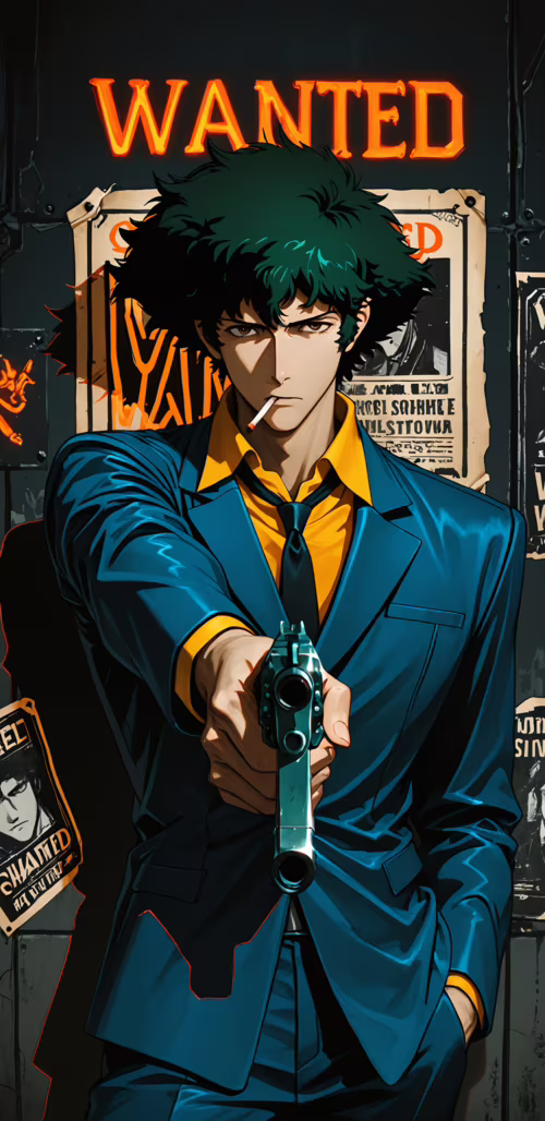 Cowboy Bebop'tan Spike Spiegel'in anime tarzında çizilmiş bir illüstrasyonu; elinde...