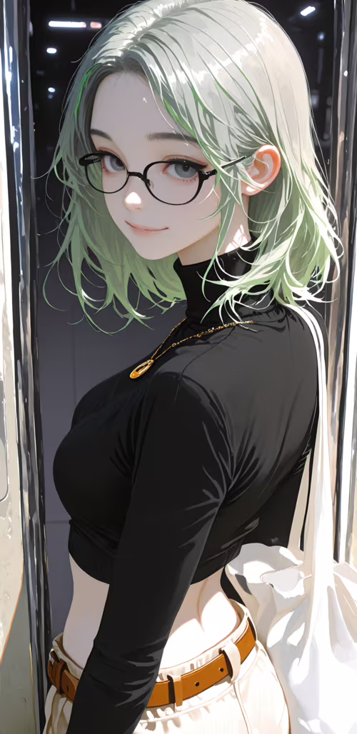 Kısa gümüş saçlı ve gri gözlü genç bir kadının, siyah, yakalı ve kısa bir üst ile... Honor Magic 3 Pro plus